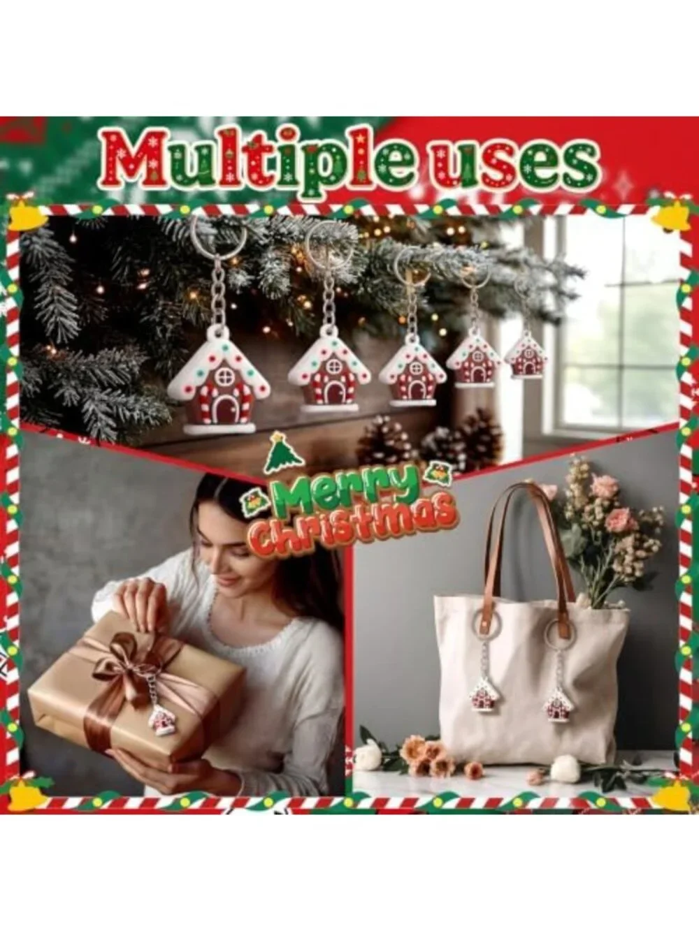 50 Pcs Christmas Gingerbread House Keychains & Candy Cane Keyrings - Bulk Set